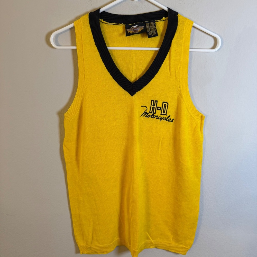 Vintage‎ Harley-Davidson Women Yellow V-Neck Knit Sweater Vest Logo Small